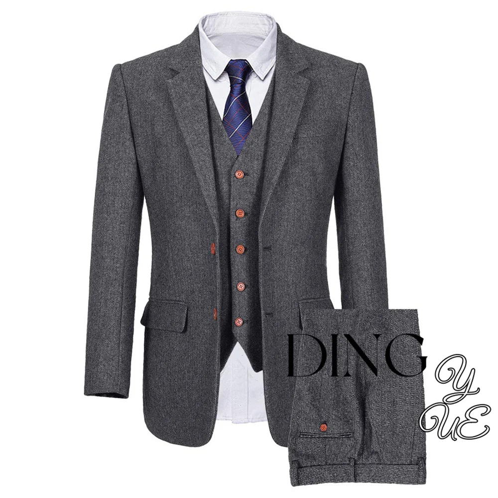 

Vintage Men's 3 Piece Suit Herringbone Tweed Blazer Vest Slim Fit Formal Groom Tuxedo Wedding Male Suits (Jacket+Vest+Pants)