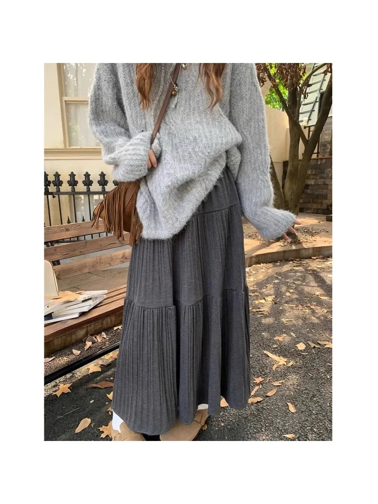 Gray Pleated High Waist A-Line Midi Skirt Women's plus Size Winter Thickened Woolen Gored Skirt Casual Straight Cut Style