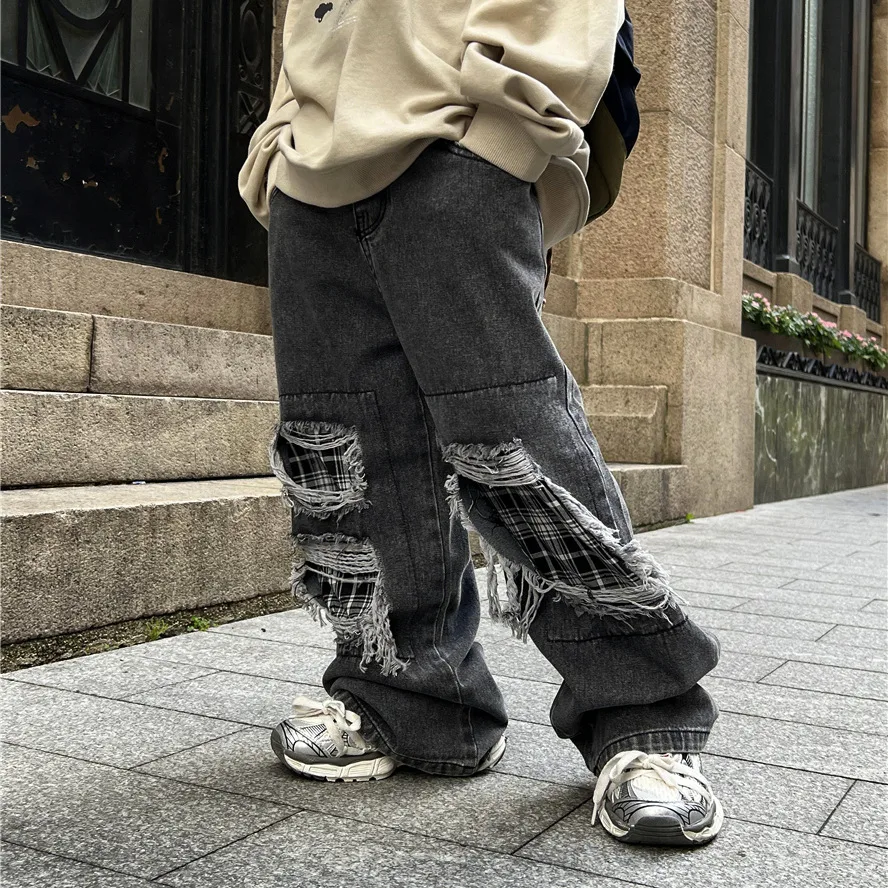 

Boy Jean Pants 2024 Korean Style Fashion Idol Spring Children Jeans Korean Plaid Broken Boy Baby Jeans Fashionable Pant