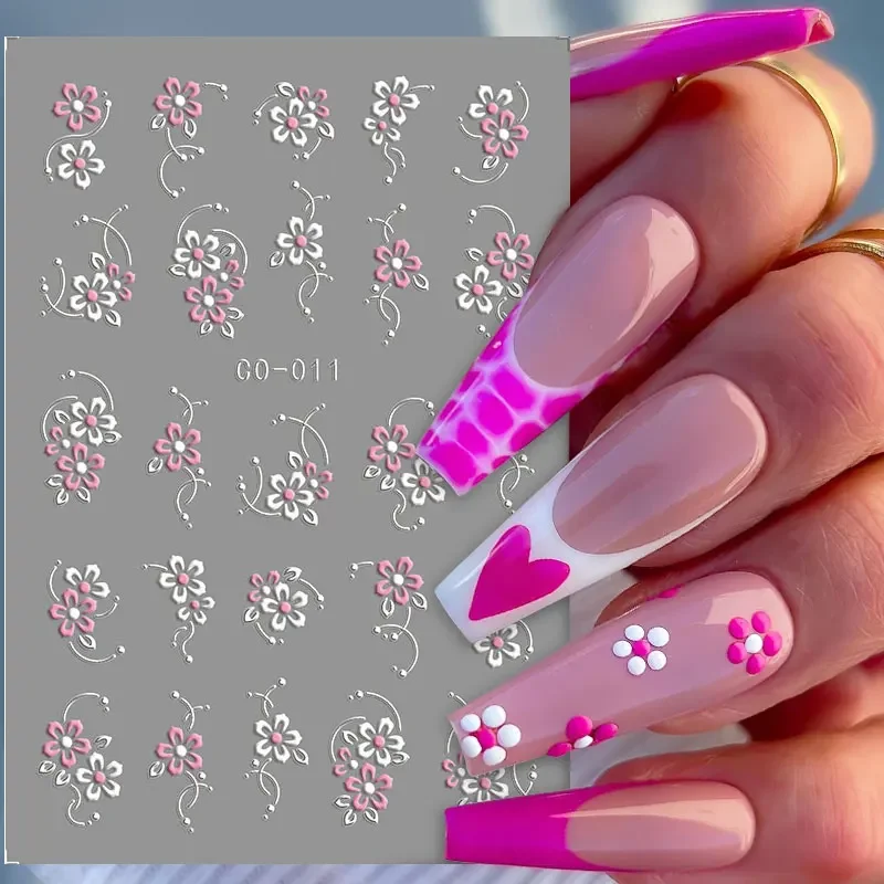 Autocollants 3D en relief pour ongles, fleur blanche, décalcomanies pour nail art, décalcomanies adhésives