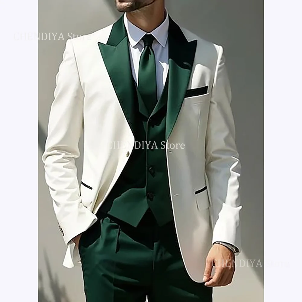 Business Suits Set Slim Fit 3 Piece For Men Fashion Peak Lapel Single Breasted Formal Activity Male Clothing Jacket Vest Pants