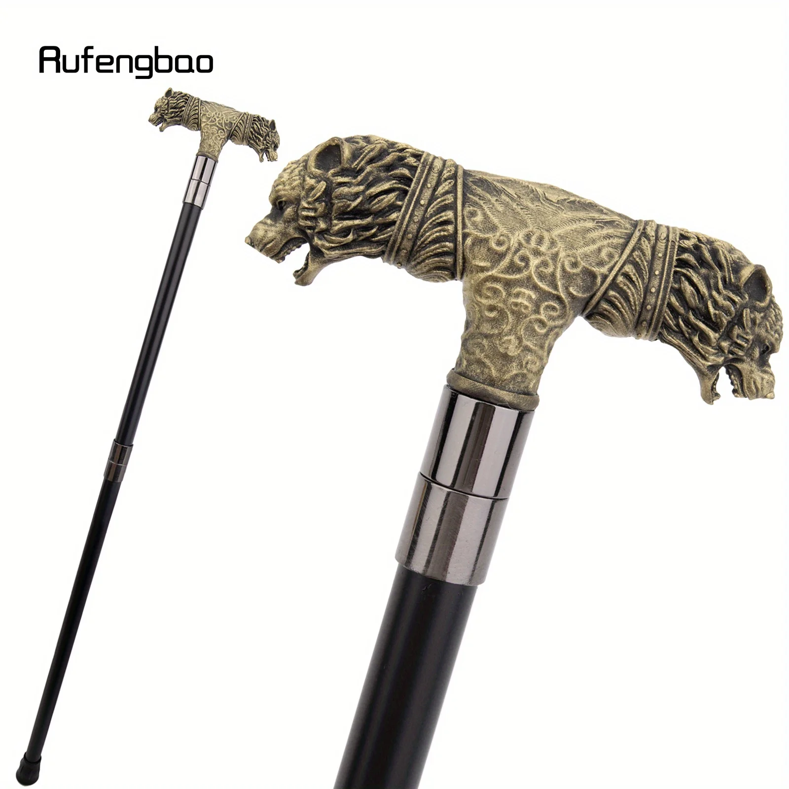 

Yellow Resin Wolf Double Head Walking Cane Fashion Stick Gentleman Cosplay Cane Knob Crosier Performance Stage Cane 92cm