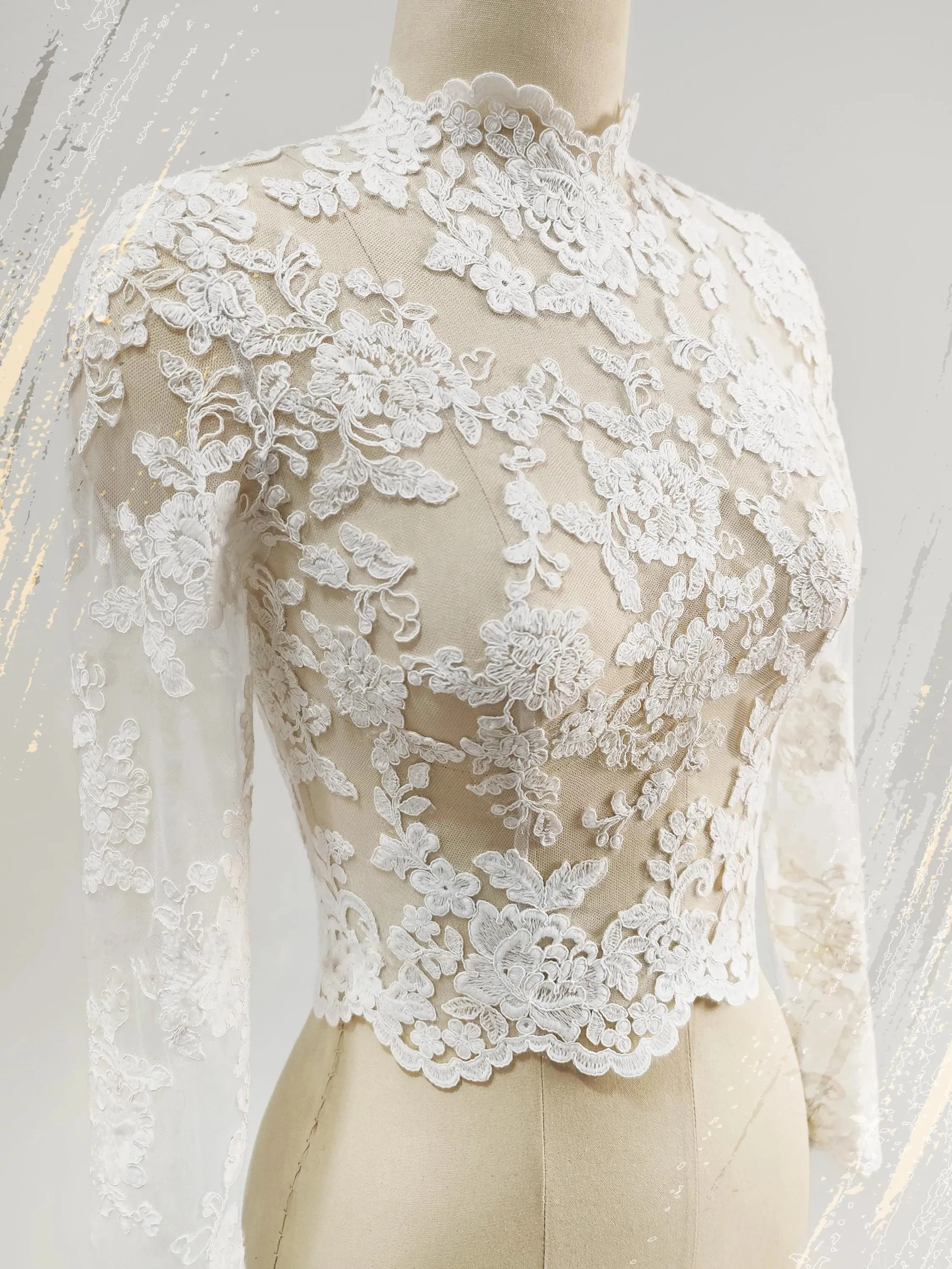 Luxury White Sheer Lace High-Neck Bridal Bolero with Pearl Button Back and Floral Embroidery Wedding Jacket Customized J300