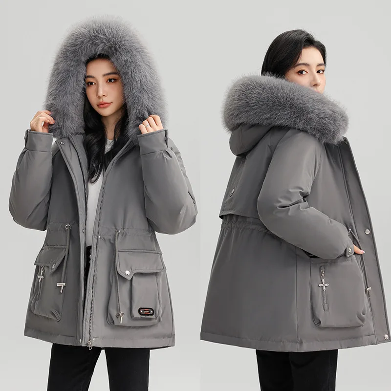 

Parkas Women Mid Length Coats Hooded Fur Collar Jackets Drawstring Tight Waist Thick Y2k Streetwear Elegant Autumn Winter 2025