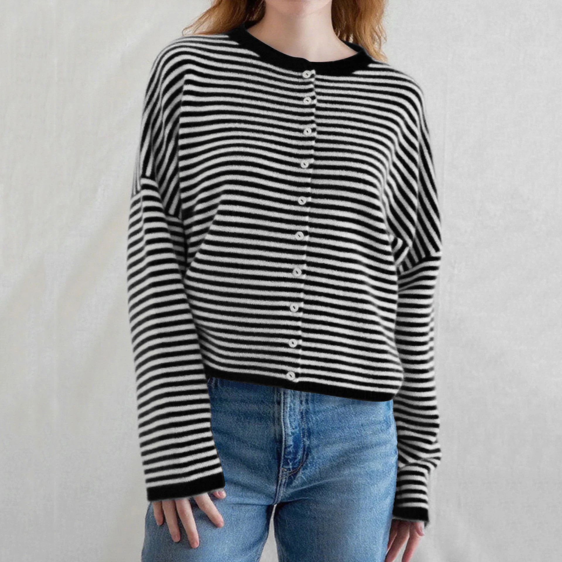 Mode Gestrickte Stripped Strickjacke Frauen Herbst Casual Pullover Einreiher Rundhals Dame Kurze Strickjacke Weibliche Strickwaren Top