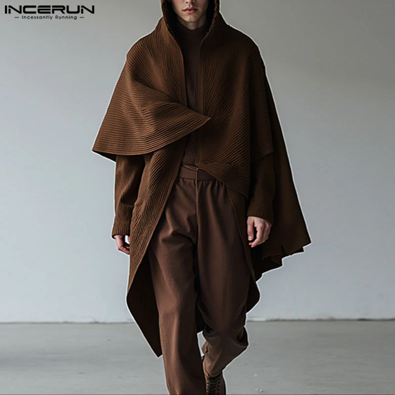 INCERUN Męski Długi Płaszcz Peleryna Jednolity Kolor z Kapturem Długi Rękaw Nieregularne Płaszcze Męskie Streetwear Trencz Modne Codzienne Poncho