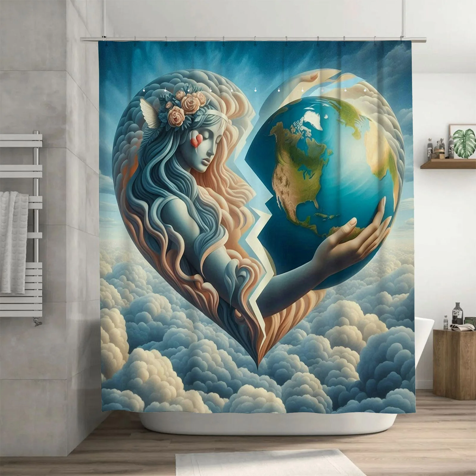 

Занавеска для душа «Женщина и Земля» в форме сердца — водонепроницаемая, устойчивая к плесени, можно стирать в машине для уникального искусства ванной комнаты