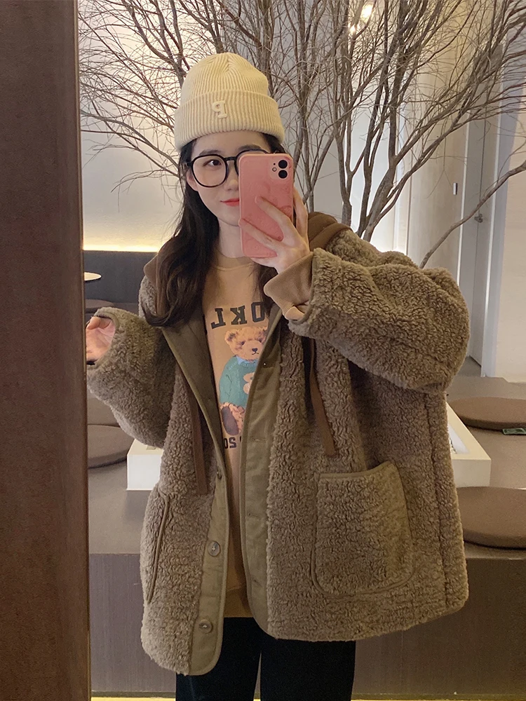 

plus Size Maternity Coat Thickened Faux Lamb Fur Casual Loose Hooded Cotton Winter Clothes Women's Fashion Outerwear