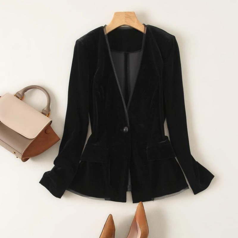 Matakawa Velvet Spring Autumn Blazer for Women Vintage Solid Black V Neck Elegant Chaquetas Office Lady Simple Blazer Mujer