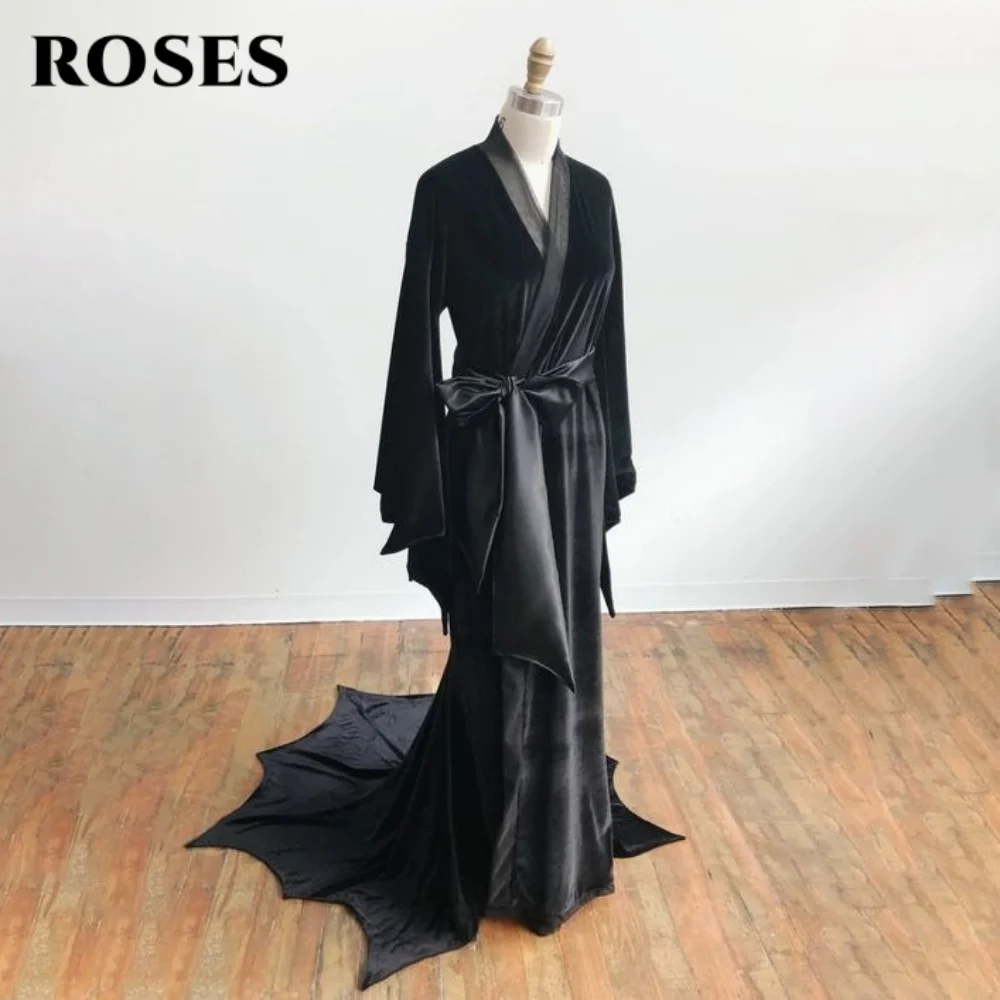 

ROSES Black Elegant Prom Dresses V-Neck Halloween Party Dress Velvet Long Flare Sleeves Formal Gown for Woman 프롬 드레스 Customized