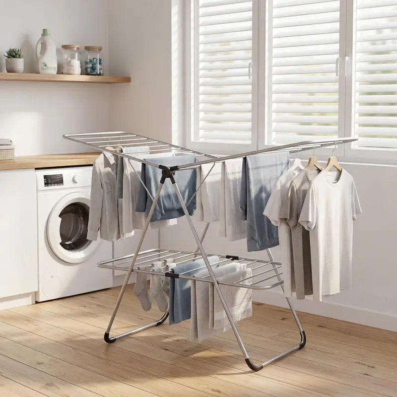 

Foldable 2-Tier Clothes Drying Rack Heavy-Duty Aluminum Stainless Steel Laundry Airer