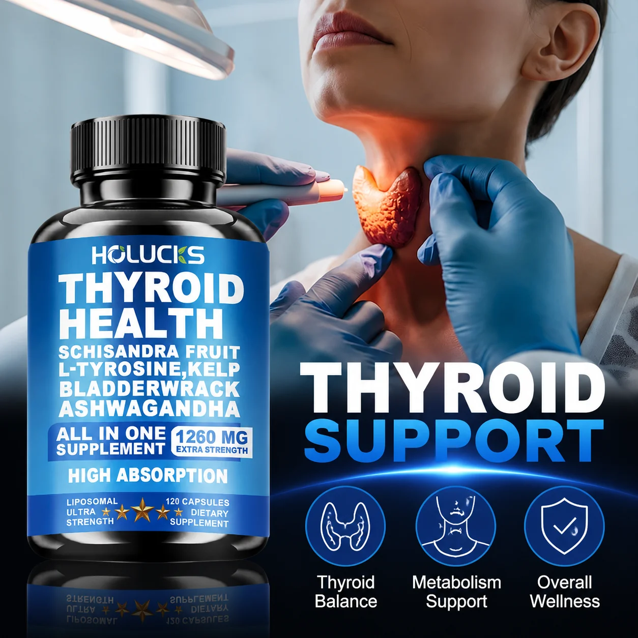 Organic Thyroid Function Support Capsules, with L-Tyrosine, Kelp, for Immune System, Metabolism, Daily Energy & Mental Focus