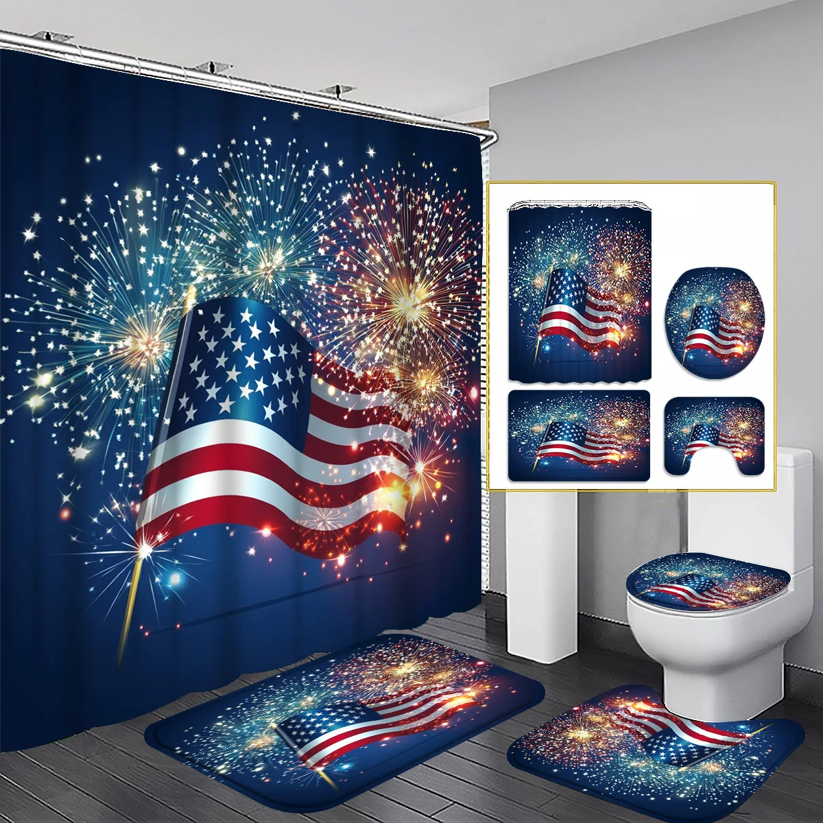 

Firework American Flag Patriotic Red White Blue Shower Curtain Set with U Shaped Toilet Lid Cover 12 Hooks 70.87 Inch Home Decor