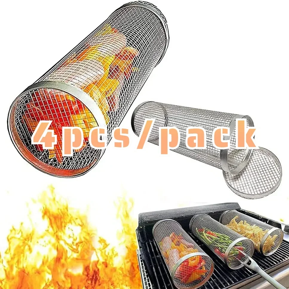 Rolling Grilling BBQ Basket Stainless Steel Leak proof Mesh Barbecue Rack Outdoor Picnic Camping Simple Cylindrical BBQ Grill