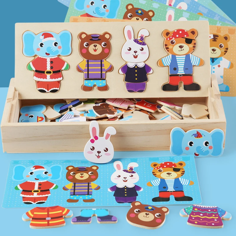 

Wooden Dress Up Puzzles Montessori Toys Animal Bear Change Clothes Jigsaw Puzzle Box Matching Games Dressing Kid's Travel Set