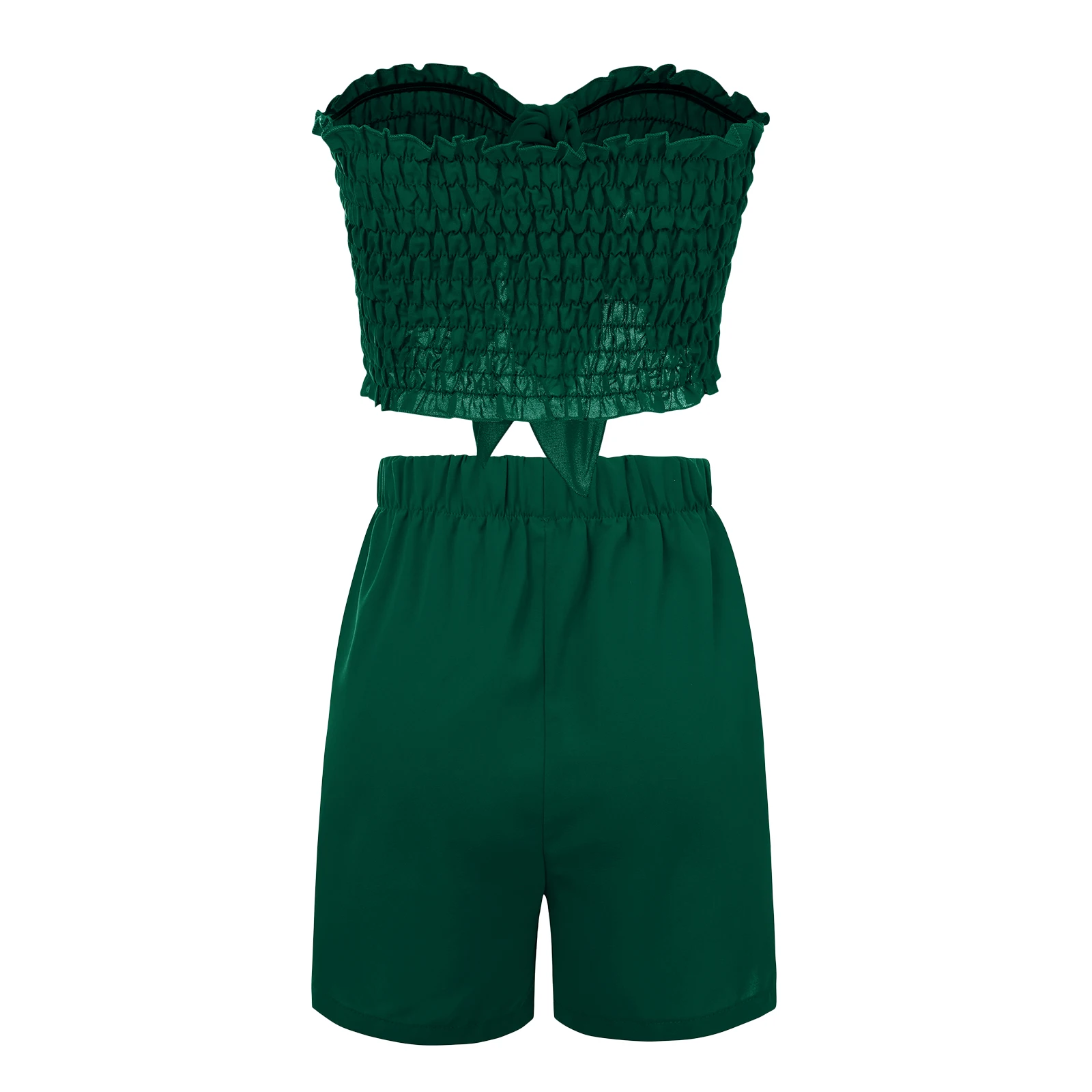 Women's Summer Two-Piece Suits Solid Color Sleeveless Off Shoulder Pleated Crop Tops + Elastic Waist Shorts Holiday Beachwear