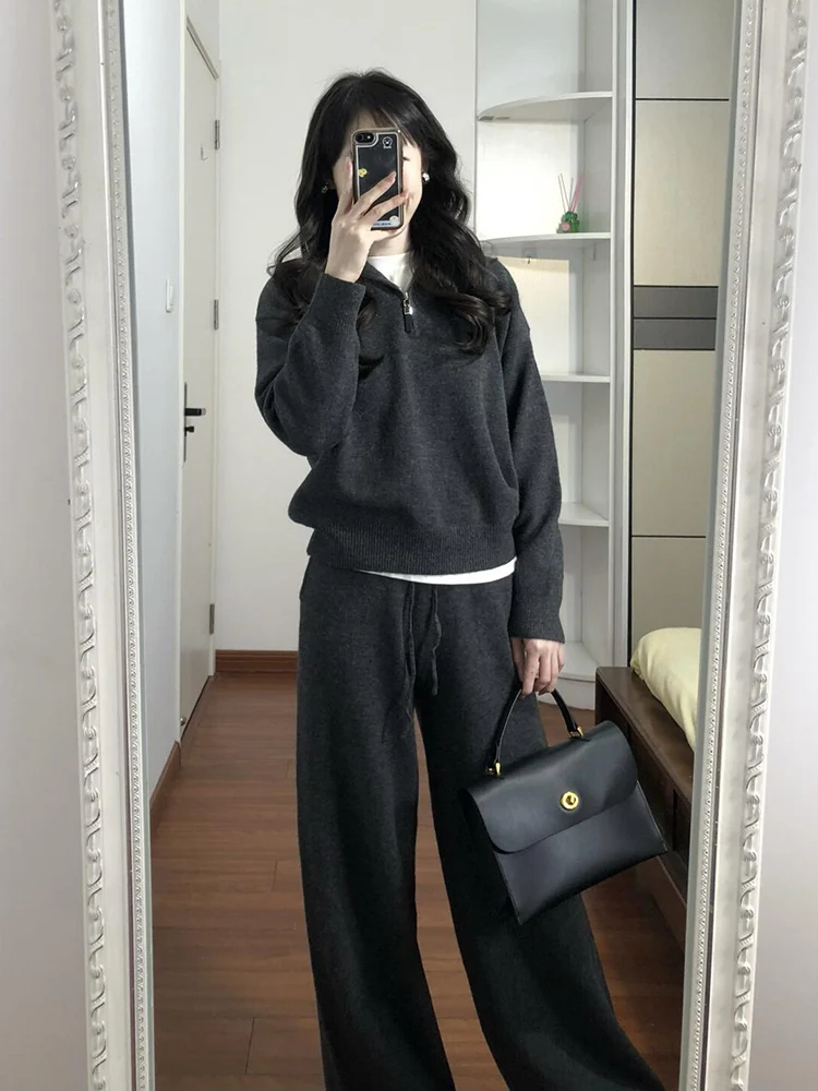 

Gray Casual Sweatshirt Set Women's High Waist Elastic Wide Leg Pants Knitted Two Piece Set Autumn Winter Fashion Ensemble