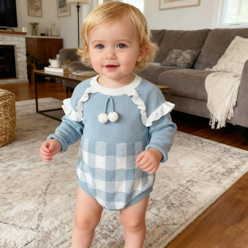 

Осенне-зимний вязаный комбинезон для новорожденных девочек 0-24 месяцев с длинными рукавами и сеткой, комбинезон для маленьких девочек, детская вязаная одежда