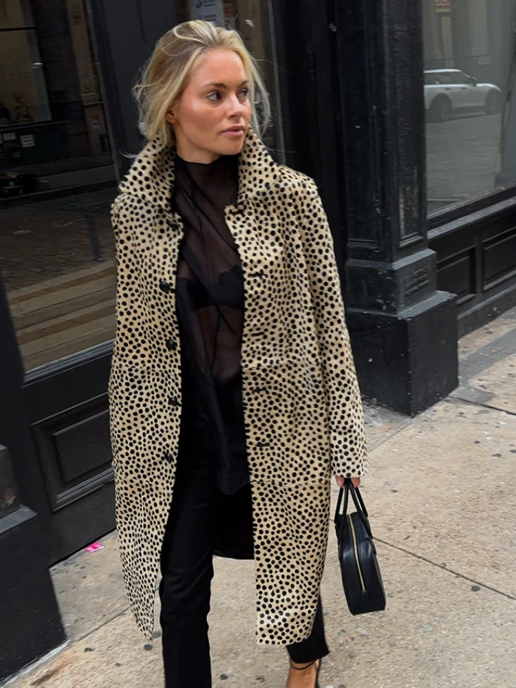 Autumn Vintage Leopard Long Trench Coat Chic Stand Collar Single Breasted Button Oversized Coat Lady Daily Casual Streetwear