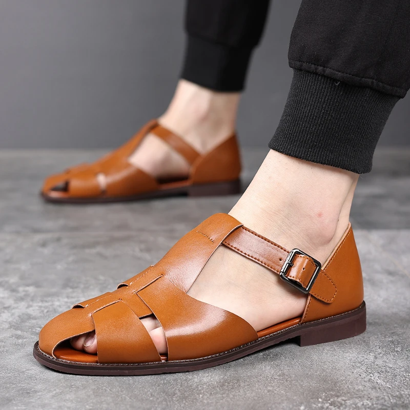 Vintage Brown Leather Roman Sandals Breathable Closed Toe Summer Shoes Comfortable Non Slip Casual Beach Footwear For All Match