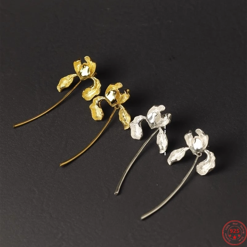 S925 Sterling Silver Earrings for Women New Fashion Stems Can be Removed Iris Flower  Gold Plated Ear-drop Jewelry Free Shipping