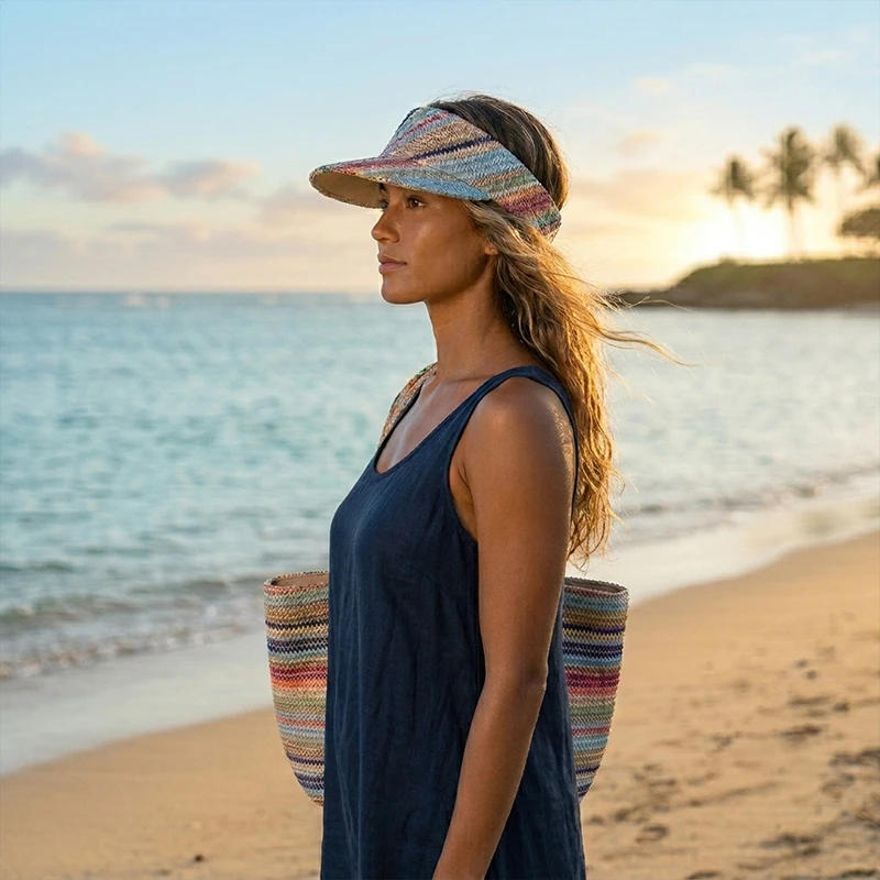 Summer Women Straw Sun Hat Wide Brim Beach Visor Hats Breathable Polyester Empty Top Cap Anti-UV Adjustable Sunscreen Chapeau