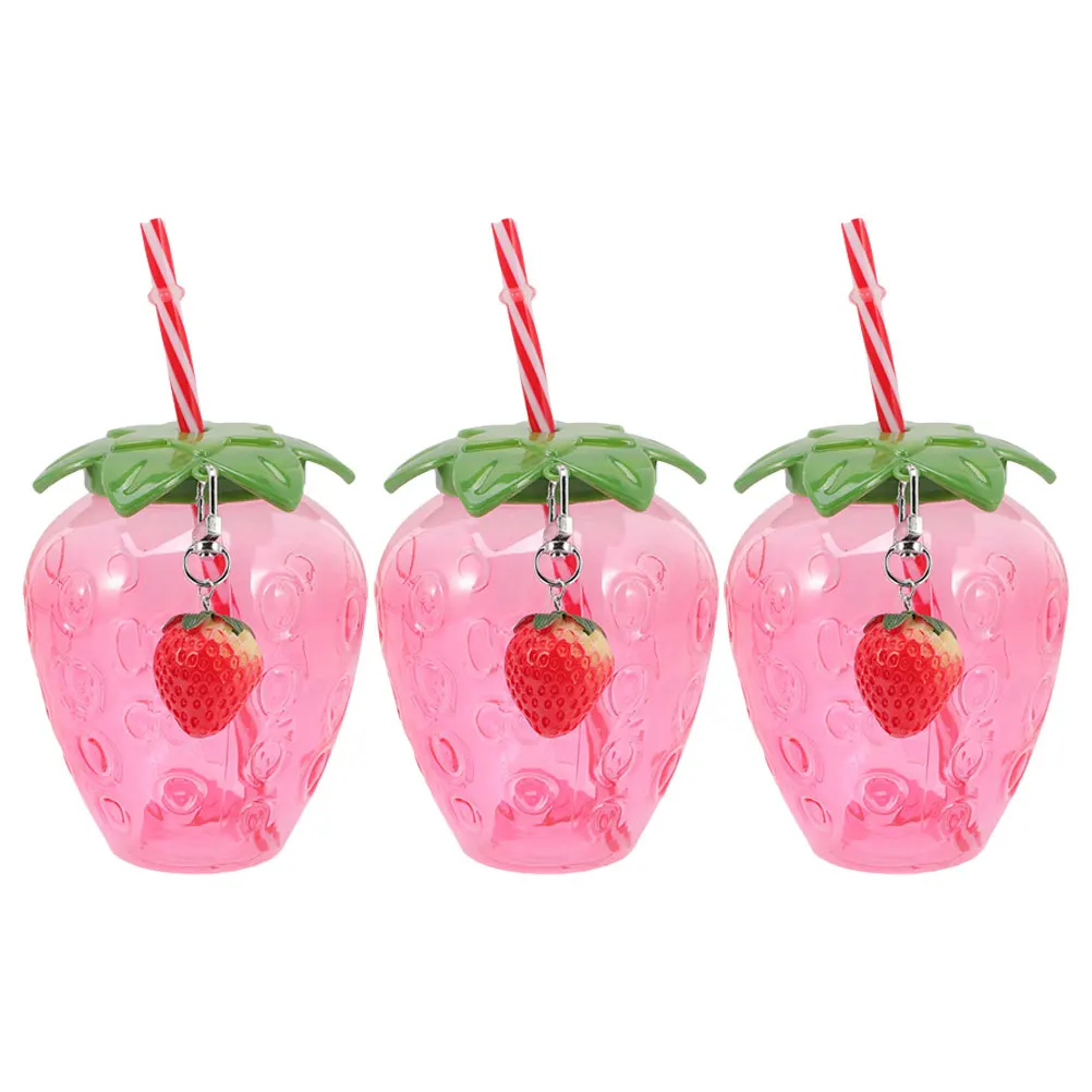 

3 Sets Strawberry Drinking Clear Plastic Dessert Cups with Lids for Milk Tea Juice Portable Reusable Fruit Cups Party Supplies