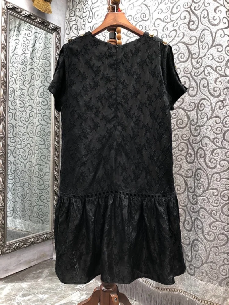 New Arrival Dress 2023 Summer Style Women O-Neck Vintage Jacquard Prints Button Shoulder Short Sleeve Elegant Black Dress Club