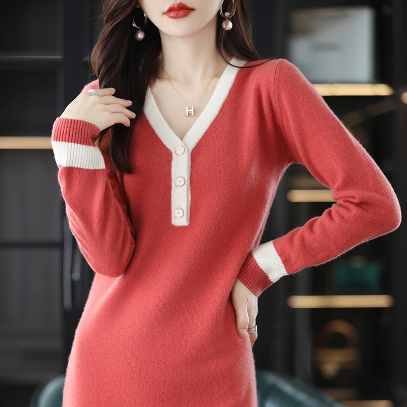 

LHZSYY 22Autumn / Winter New Long Tops Fashion 100% Pure Wool Sweater Women's V-Neck Pullover Cashmere Knitted Bottoming Dress