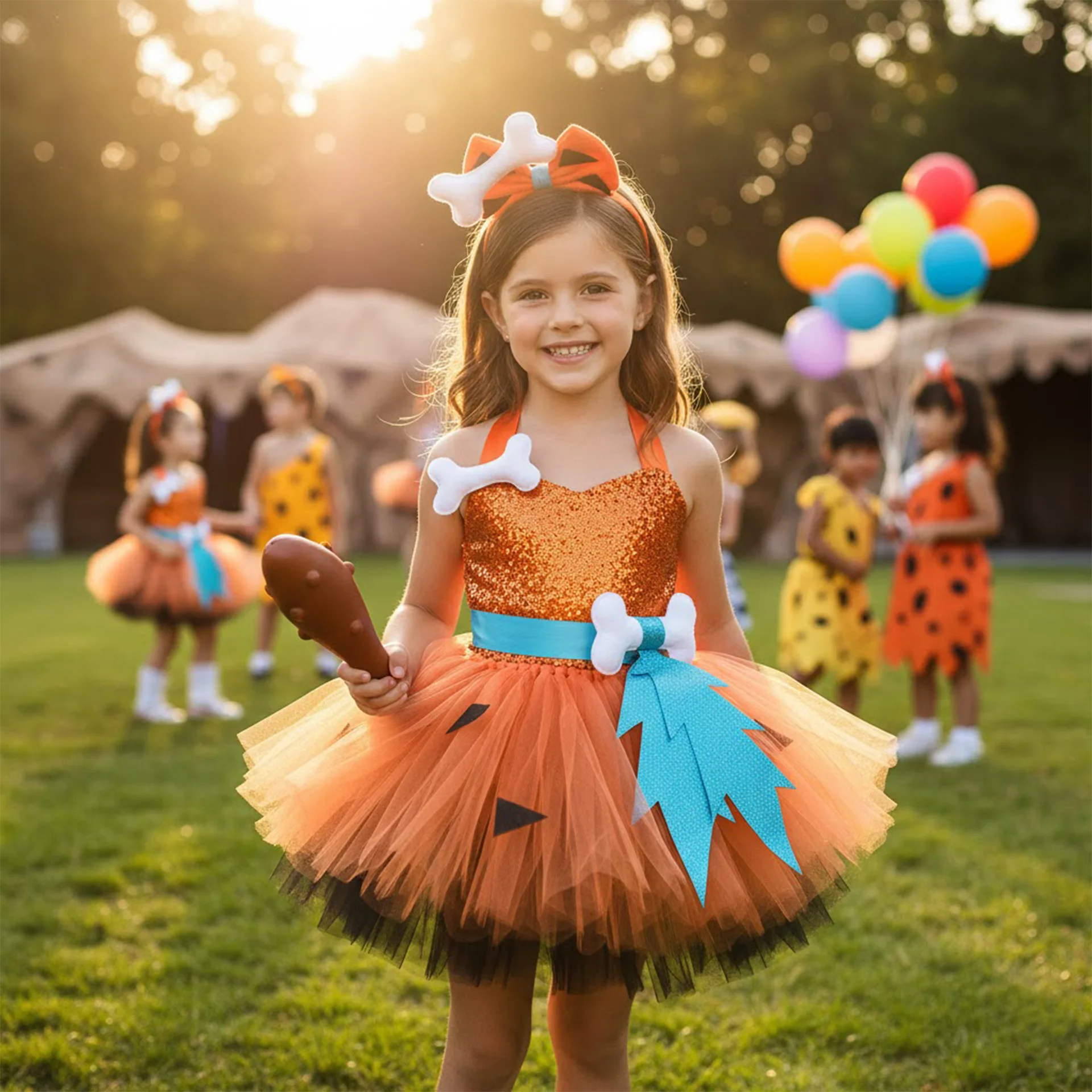 Nuevo Disfraz de Cavernícola para Niñas, Disfraz de Halloween de los Flintstones, Vestido de Tul de Chica de las Cavernas, Disfraces para Fiesta de Baile, Diadema, Cosplay