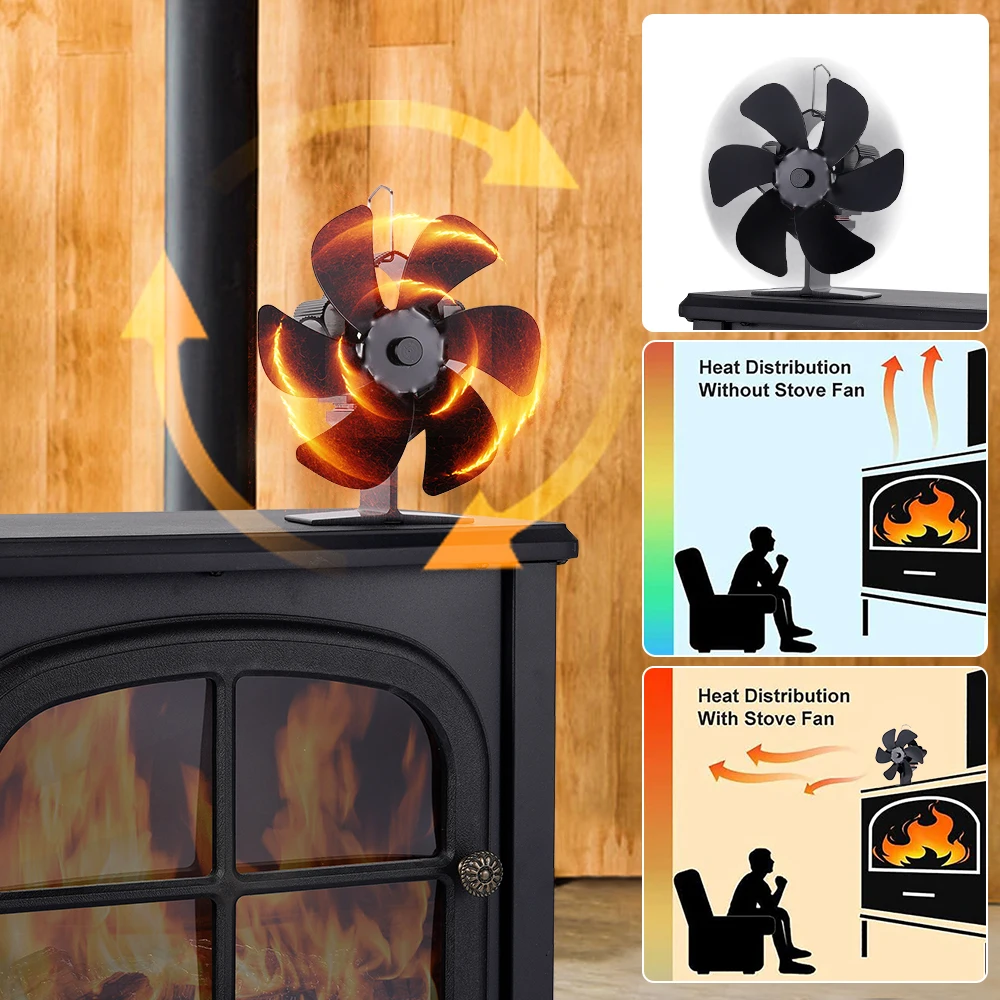 6 Blades Heat Powered Stove Fan Black Fireplace Fan Log Wood Burner Eco-fan Quiet Heater Home Efficient Heat Distribution