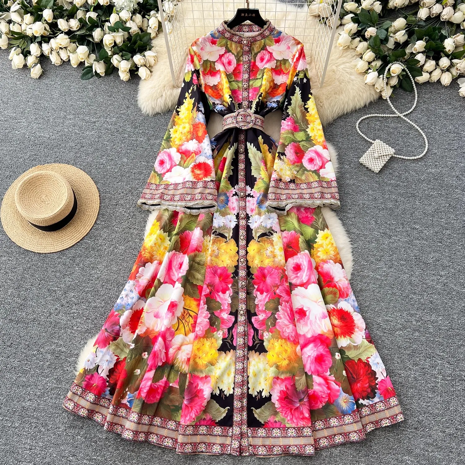 Férias de verão flor robe vestido feminino renda emenda manga longa alargamento único breasted cinto floral impressão maxi vestidos roupas