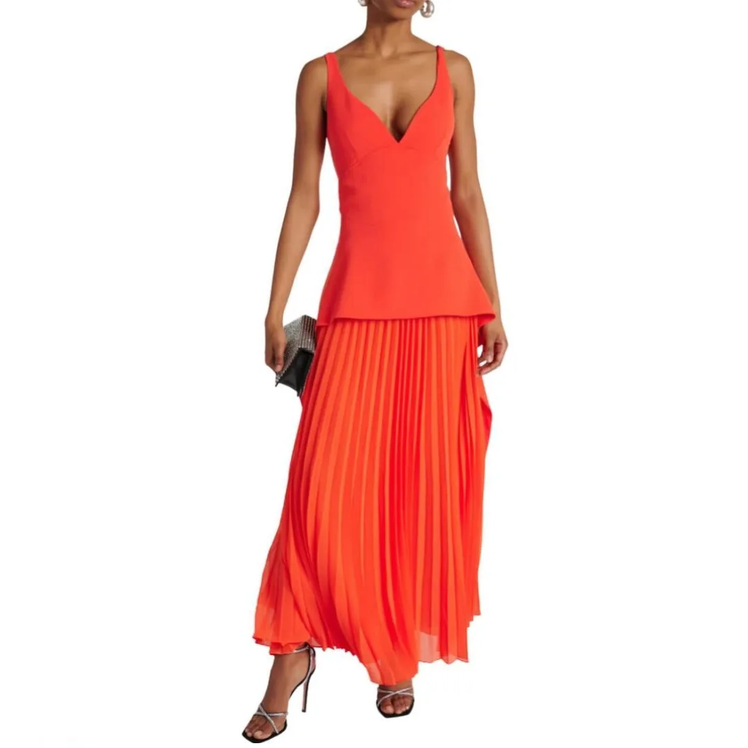 

Elegant Short Orange Crepe Evening Dresses Sheath V-Neck Ankle Length Pleated Vestidos de noche Prom Dress for Women