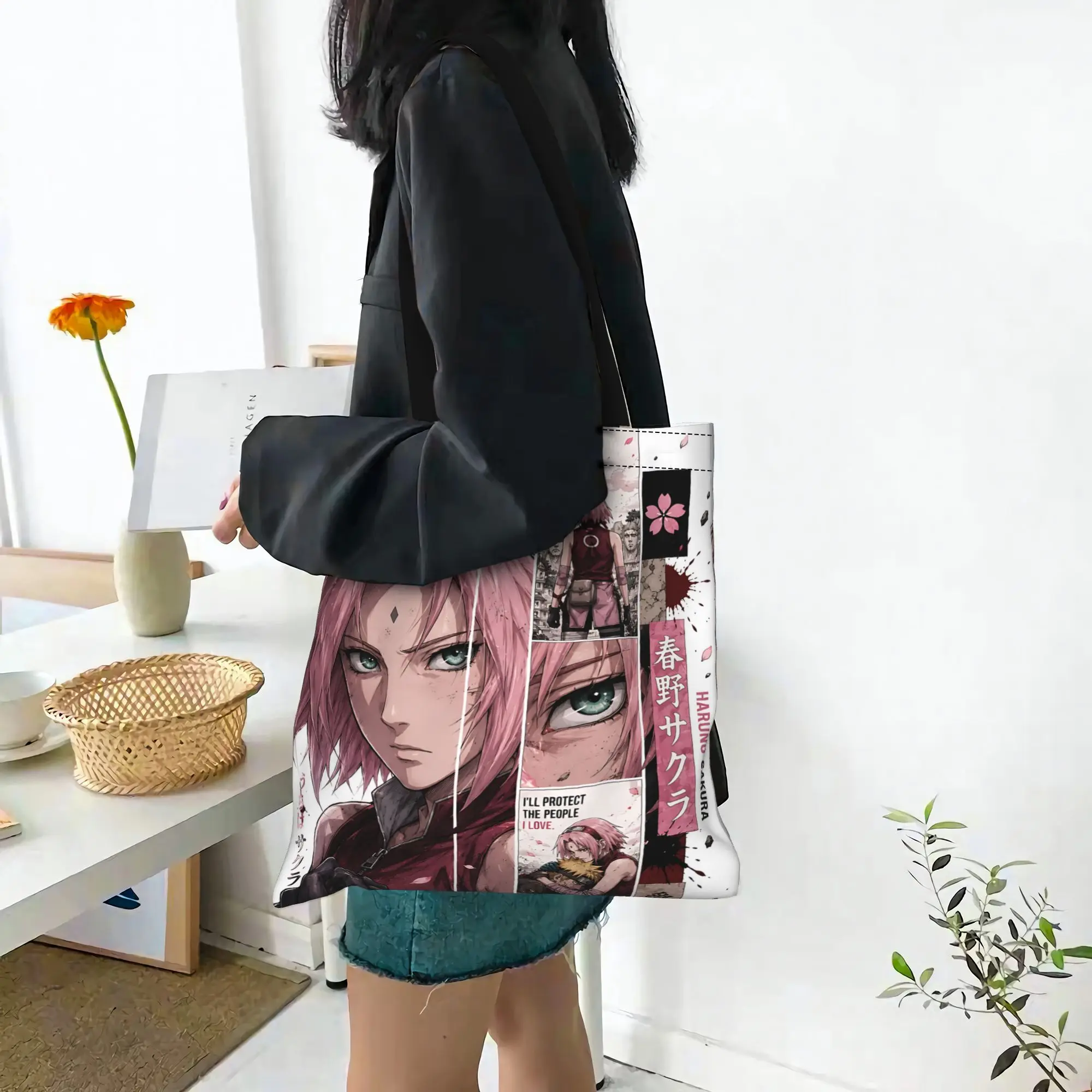 Fashion Naruto Anime Theme Women's Bag Shopping Bag Sakura Canvas Tote Bag Women'S Shoulder Handbag Christmas Gift