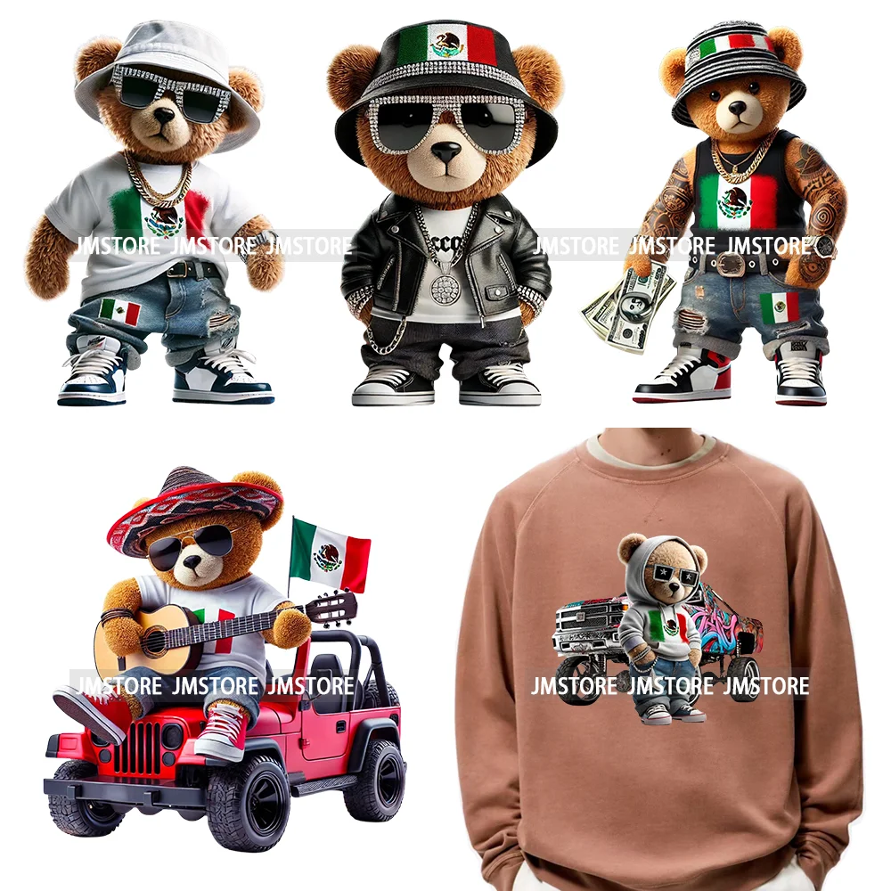 Cool Cartoon Mexican Rich Boy Latino Inspired Bear Iron On DTF Heat Press Transfers Stickers Ready To Press For Boy Clothing