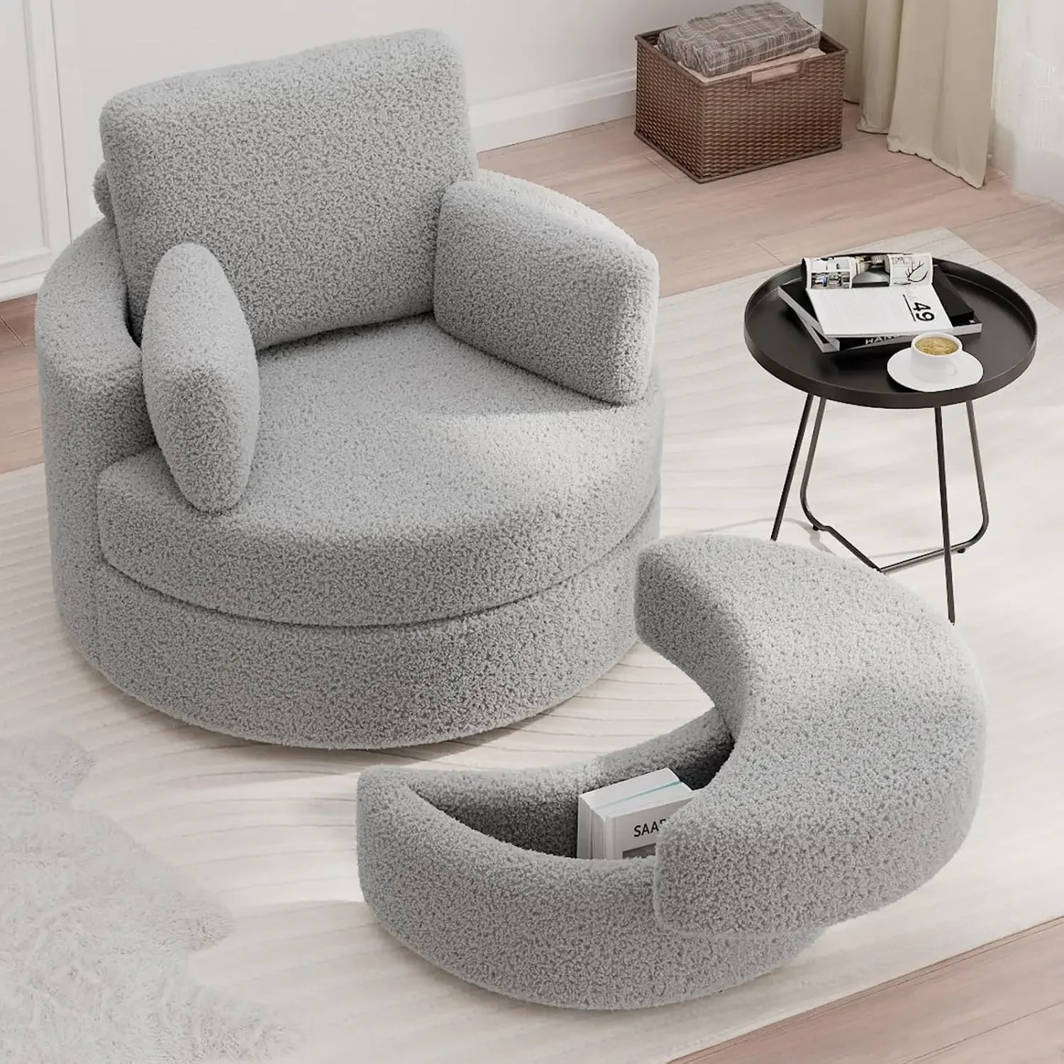 Swivel Accent Barrel Chair w/ Ottoman, Cuddle Round Lounge Sofa Chair w/Pillow, 360° Single Swivel Chairs for Living Room, Beige