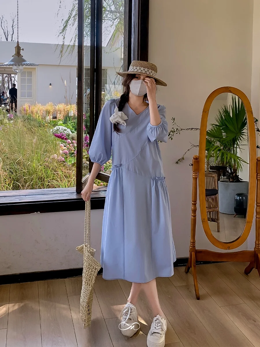 

Повседневное прямое миди-платье А-силуэта с V-образным вырезом и коротким рукавом для полных женщин, весенняя мода, с узлом на талии