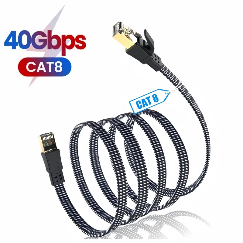 MIZIQIER 40Gbps Cat8 Ethernet Cable 2000Mhz Braided Falt Cable,Golden RJ45 Connector for Router,Modem, PC, Gaming, PS5, Xbox