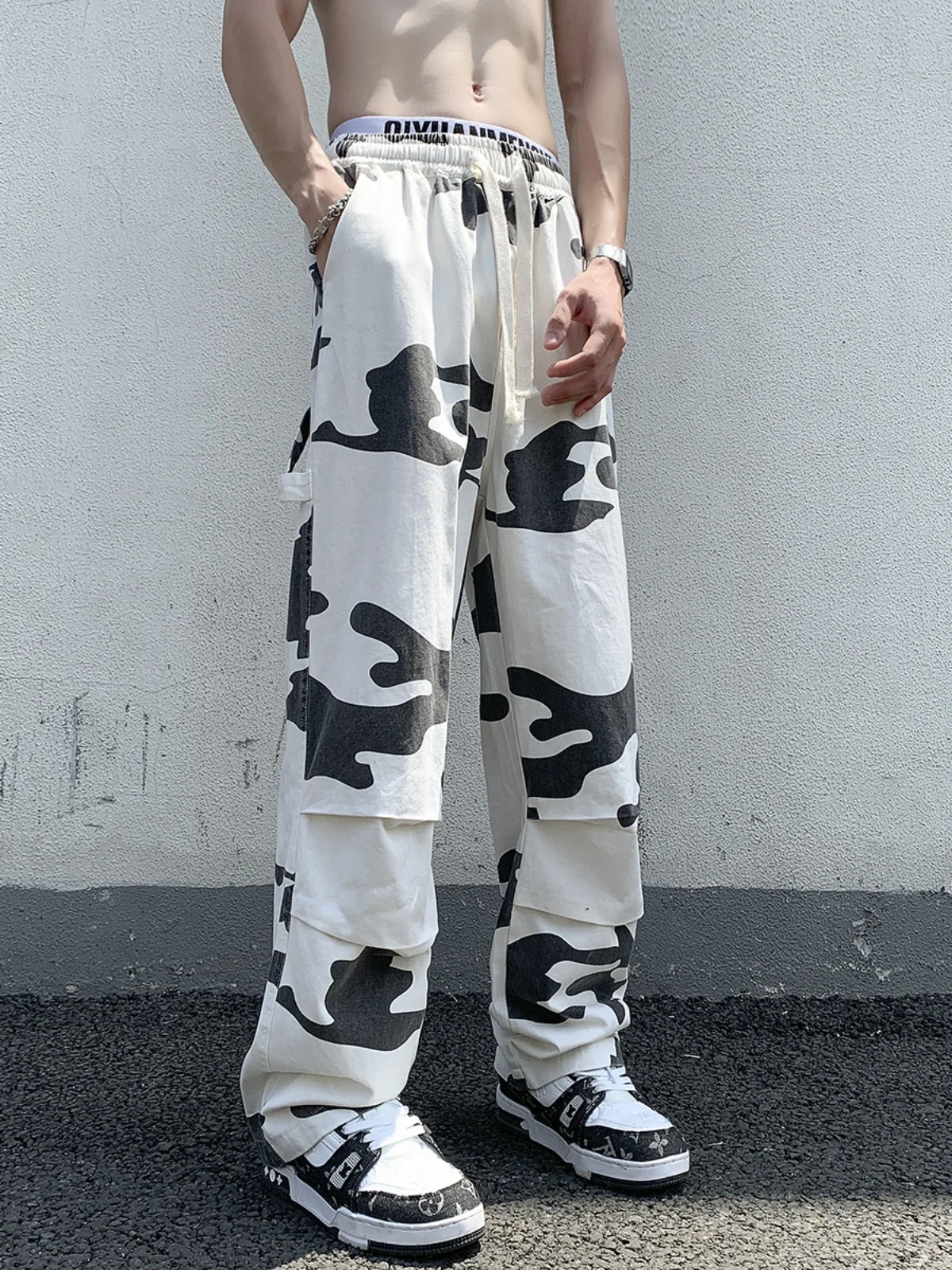 

White Paratrooper Pants Men's Summer Camouflage Logging Workwear Hiphop American Milk Cow Wide Leg Pants Casual Trousers