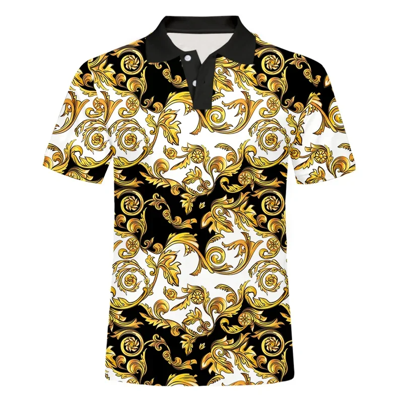 Luxury Royal polo shirt men casual short sleeve golden floral printed Baroque shirt Summer men polos prom party shirt drop ship