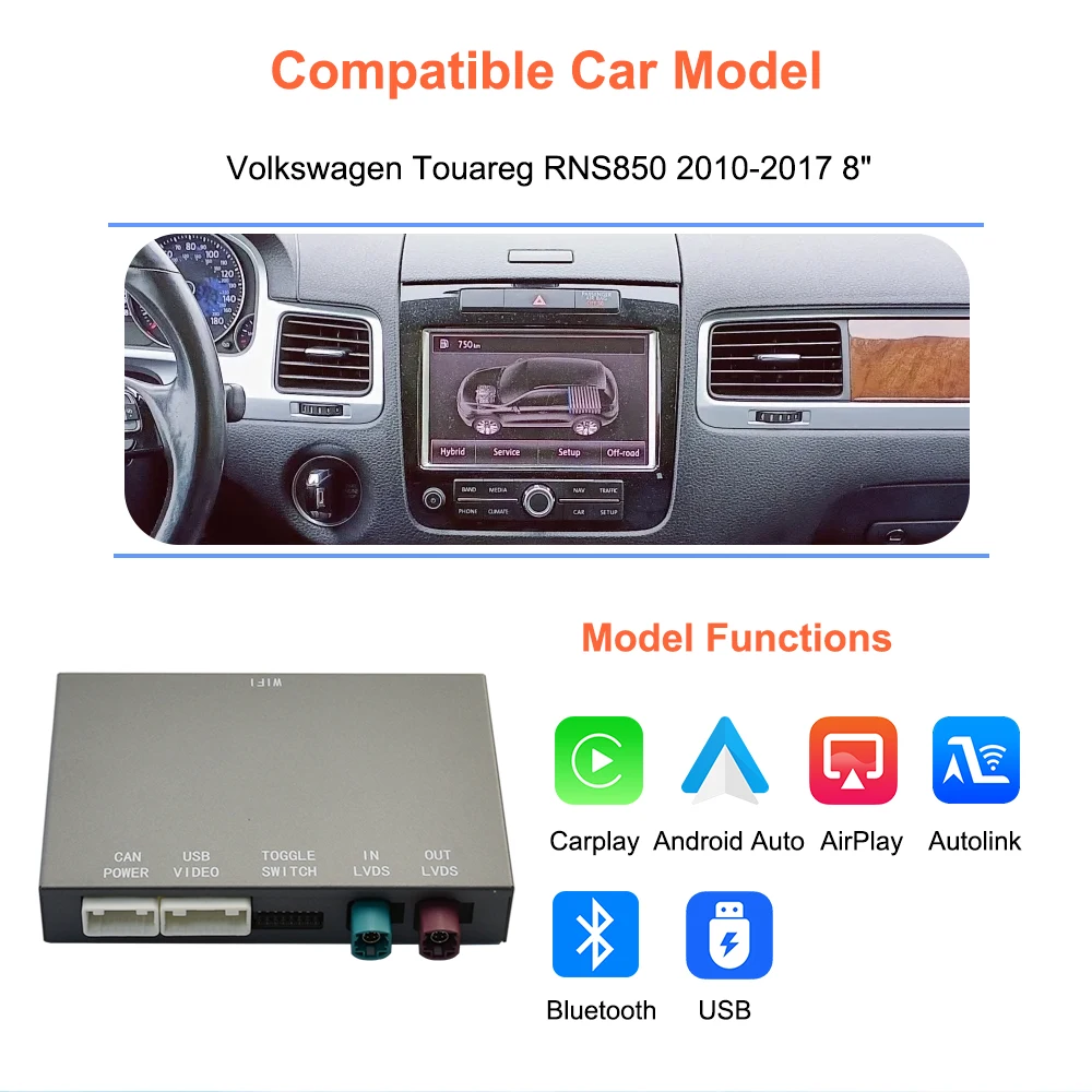 BONROAD Decoding Box For Volkswagen Touareg With 8-inch Screen RNS850 2010-2017 Wireless Carplay Android Auto Module Interface Support Mirroring, Autolink, AirPlay