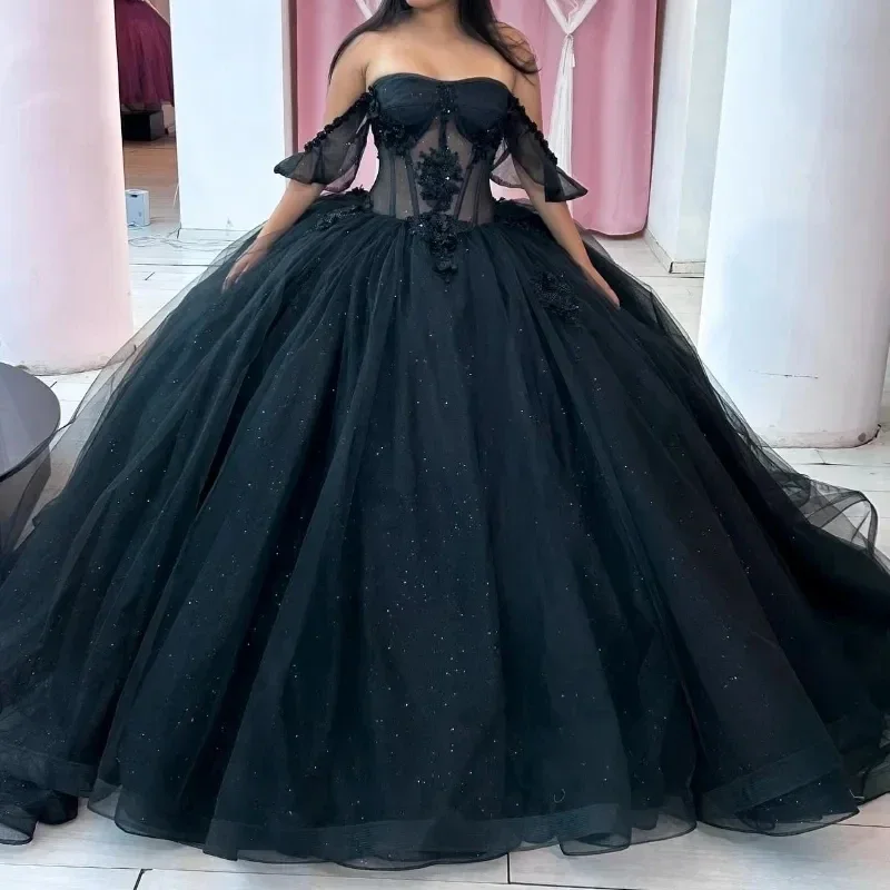 ANGELSBRIDEP Shiny Black Quinceanera Dresses Sequined Bead Pearls Lace Vestidos De 15 Anos Birthday Party Prom Gowns Customized