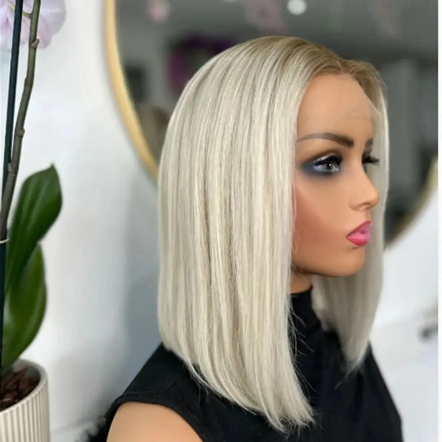 

Bob Icy Blonde Wigs Short Natural Straight Soft Synthetic Lace Front Wigs for Women Middle Parting Hairline Premium Cosplay Wig