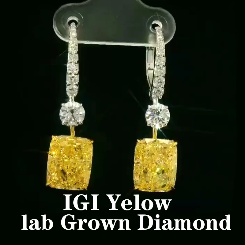AEAW Yellow Gold 14k Lab Grown Yellow Diamond CVD HPHT Drop Earrings 6ctw Cushion for Women Solitaire Party Fine Jewelry IGI