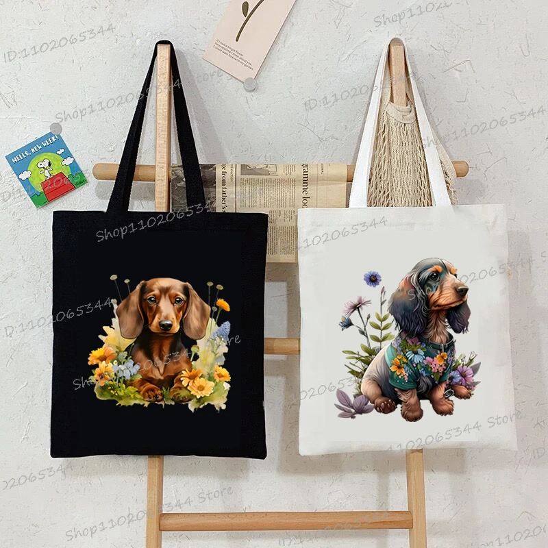 Watercolor Dachshund Graphic Women Canvas Tote Bag Fashion Dog and Wild Flower Print Shopping Bag Cartoon Casual Storage Handbag
