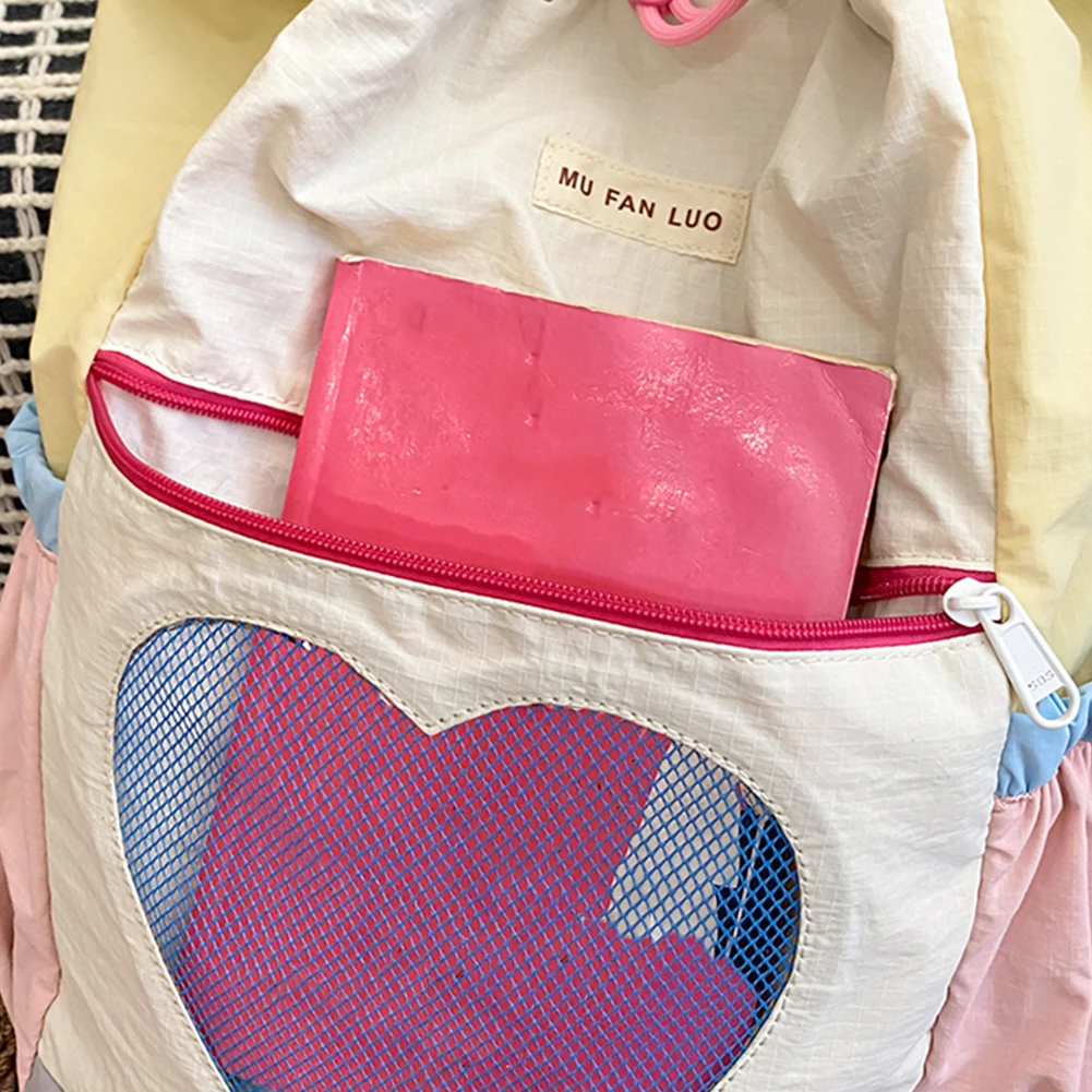 Cute Kawaii Backpack for Women Girls Color-Block School Bag Nylon Drawstring Bookbag Adjustable Strap Rucksack for Travel School