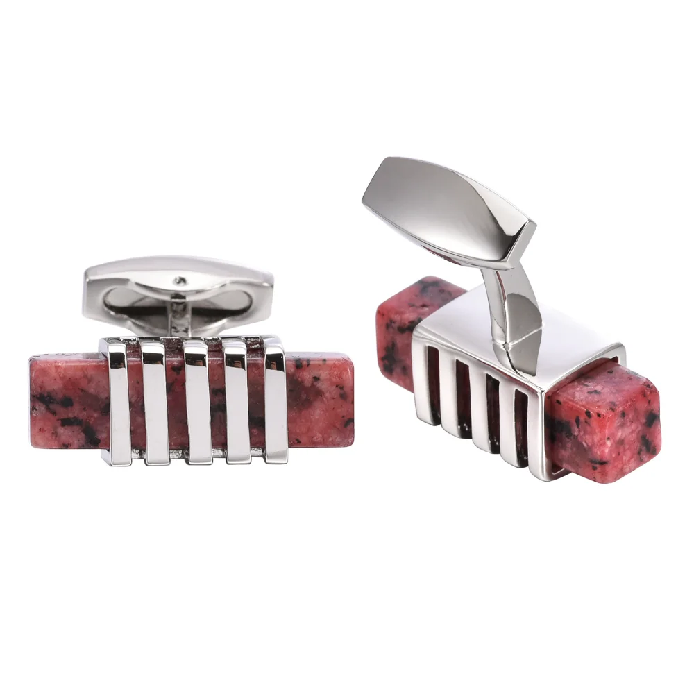 Natural Rose Red Striped Stone Metal Cufflink Men's Business Formal Wear Sleeve Studs Exquisite Banquet Decoration Cufflinks