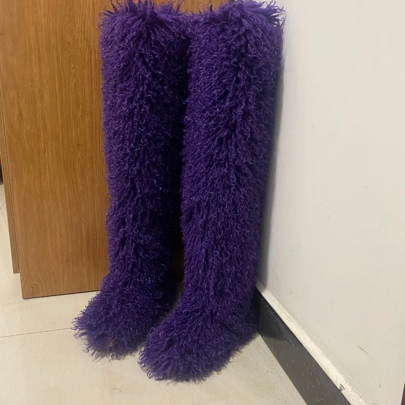 New Coming Womens Pink   Burgundy Faux Mongolian Thigh Highs Faux Fur Boots Y2k Fluffy Boots