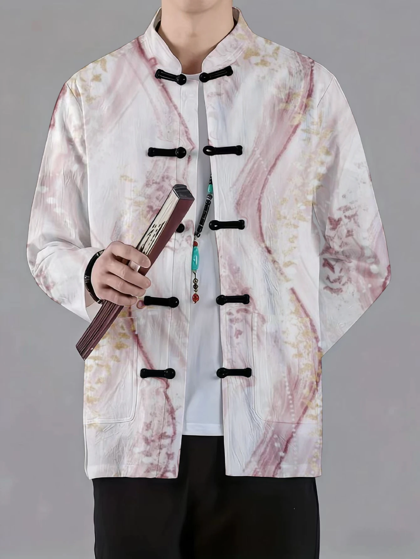 Men Mandarin Collar Frog Button Jacket Marble Leopard Floral Tie Dye Art Print Traditional Outerwear