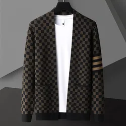 High end brand  plaid knitted men's cardigan 2023spring and autumn new fashion stripe Korean casual pocket shawl sweater coat